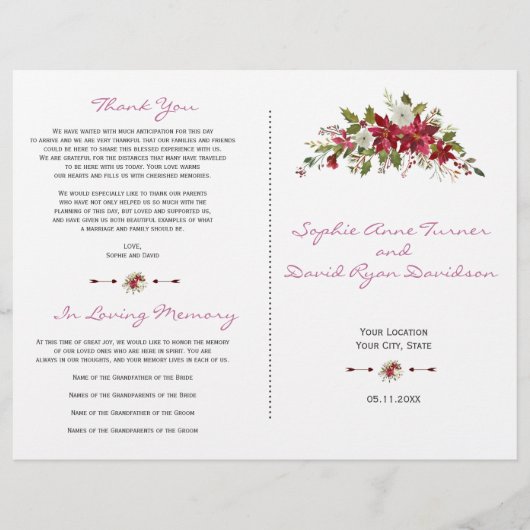 Winter Red Poinsettia Wedding Programme (Voorkant)