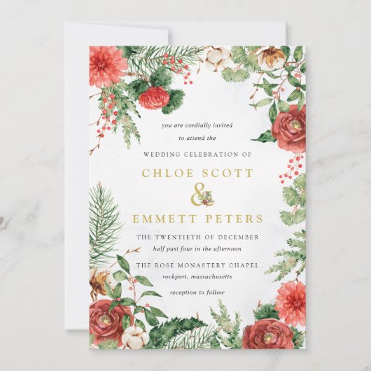 Winter Red Rose Berry Wedding Invitation Kaart (Voorkant)