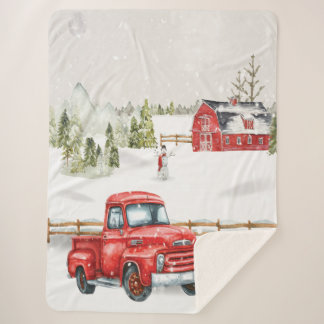Winter Red Truck & Barn Sherpa Deken