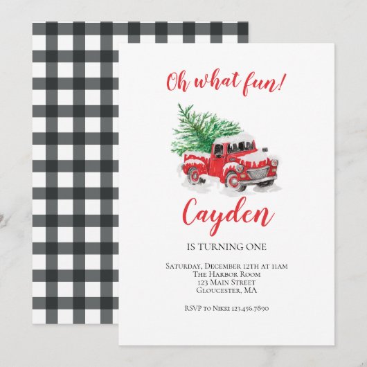 Winter Red Truck First Birthday Invitation Kaart (Voorkant / Achterkant)