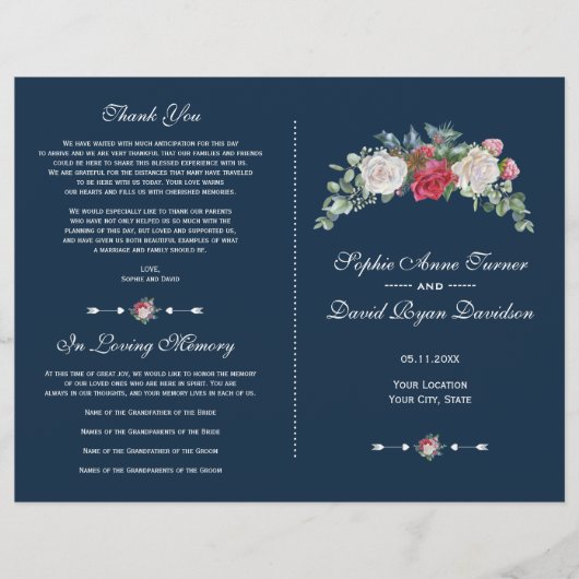 Winter Red White Flowers Berries Wedding Programme Flyer (Voorkant)