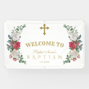 Winter Red White Flowers Gold Welcome Sign Spandoek