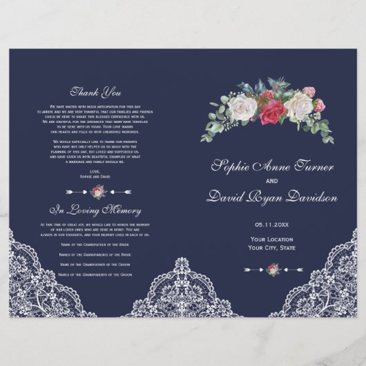 Winter Red White Flowers Lace Navy Wedding Program Flyer (Voorkant)