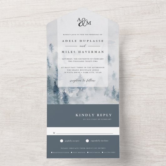 Winter Reverie Monogram Weddenschap All In One Uitnodiging (Binnen)