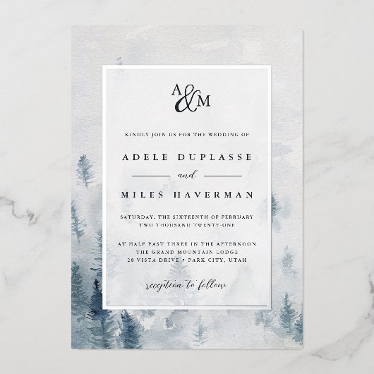 Winter Reverie Monogram Wedding Silver Folie Uitnodiging (Voorkant)