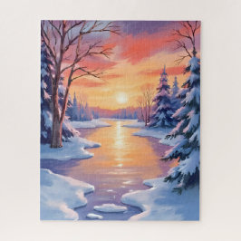 Winter River Sunset Landscape Snow Watercolor Legpuzzel