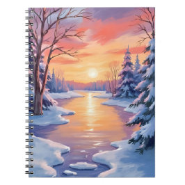Winter River Sunset Landscape Snow Watercolor Notitieboek