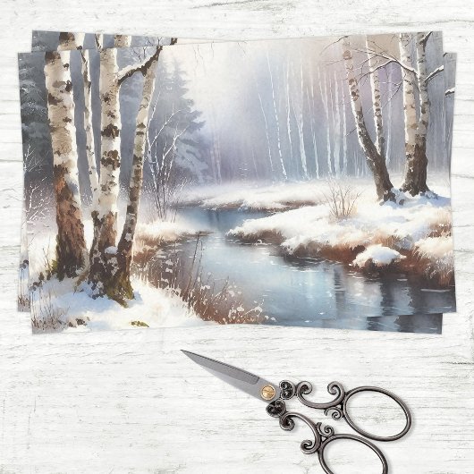 Winter Rivier Berk Bomen Decoupage Tissuepapier