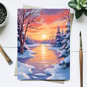 Winter Rivier Zonsondergang Landschap Sneeuw Aquar Briefkaart