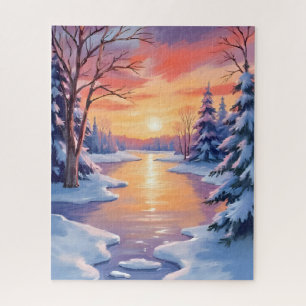Winter Rivier Zonsondergang Landschap Sneeuw Aquar Legpuzzel