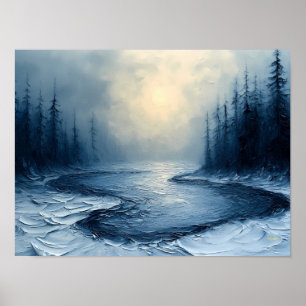 Winter Rivierbocht – Abstracte Nevelige Bos Scene Poster