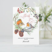 Winter Robin en Pine Wreath Calligrafie Bedankkaart (Staand voorkant)