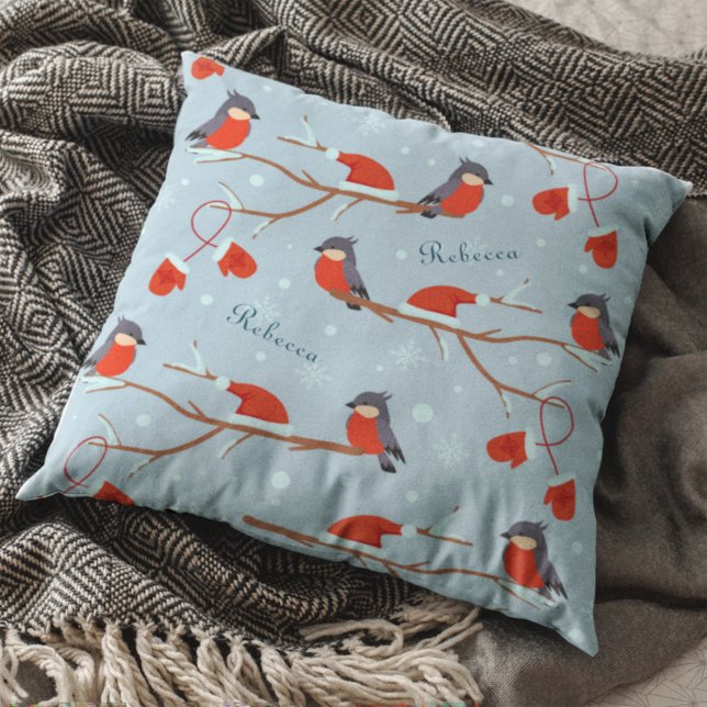 Winter Robins on Tree Branches Cute Bird Pattern Kussen (Creator heeft geüpload)