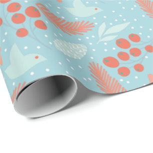 Winter Rode Berry Blauwe Vogel Bloemen Kerstmis Cadeaupapier