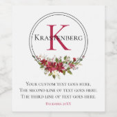 Winter Rode Bloemen Aangepast Monogram Naam op Wit Wijn Etiket (Enkel label)
