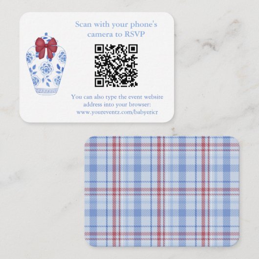 Winter Rood Blauw Tartan QR Code Trouwdouche RSVP Informatiekaartje (Voorkant / Achterkant)