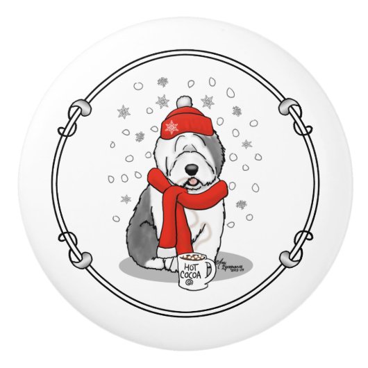 Winter (rood) Oud Engels Sheepdog (grijs 1) Cute Keramische Knop (Voorkant)