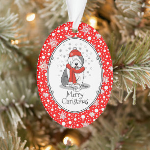 Winter (rood) Oud Engels Sheepdog (grijs 1) Cute Ornament