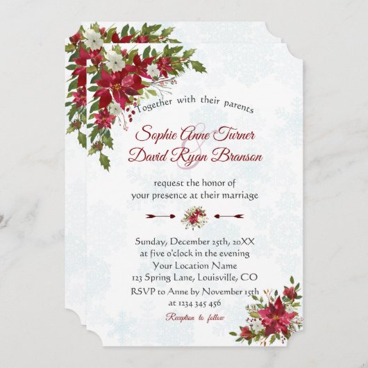 Winter Rood Witte Poinsettia Sneeuwvlokken Bruilof Kaart (Voorkant / Achterkant)