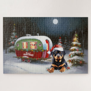 Winter Rottweiler Caravan Kerstavontuur Legpuzzel