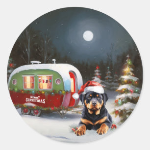 Winter Rottweiler Caravan Kerstavontuur Ronde Sticker