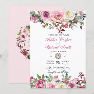 Winter Roze Mauve Roos Floral Pine Branch Wedding Kaart