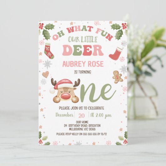 Winter Roze Oh Wat Leuk Rendier 1e Verjaardag Kaart (Staand voorkant)