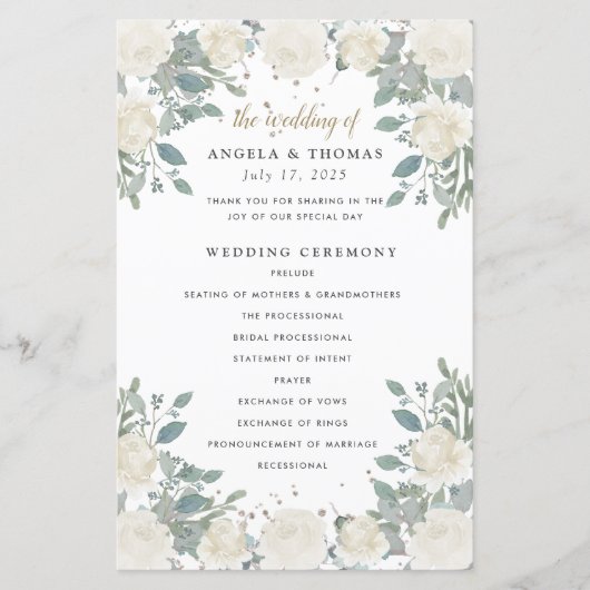 Winter Rozen White Gold Floral Wedding Programme (Voorkant)