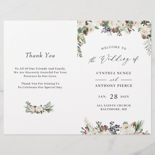 Winter Rustic Floral DIY Folded Wedding Programme (Voorkant)