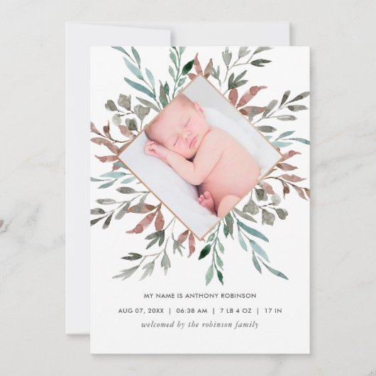 Winter Rustic Greenery Birth Announcement Kaart (Voorkant)