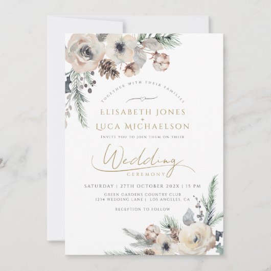 Winter Rustic Pine Botanical Monogram Boho Wedding Kaart (Voorkant)