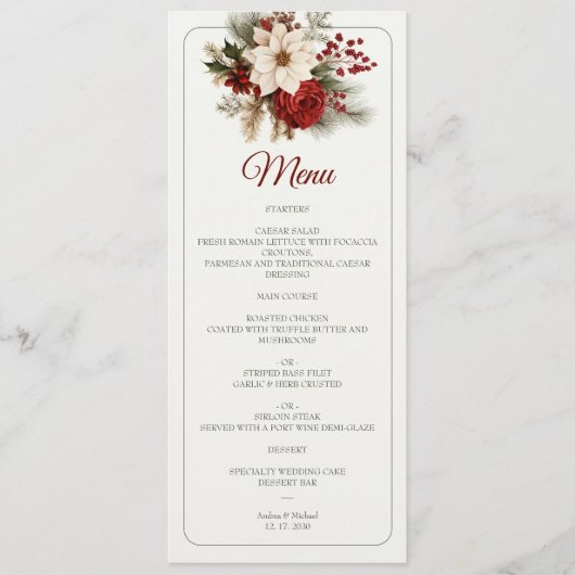 Winter Rustic Pine Floral Menu Mariage (Devant)