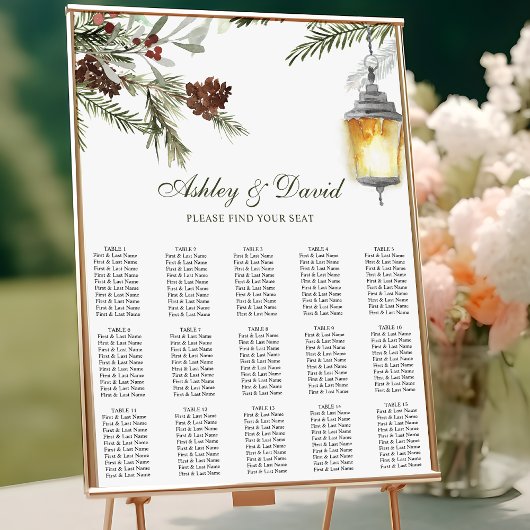 Winter Rustic Pine Lantern Wedding Sezing Chart Poster