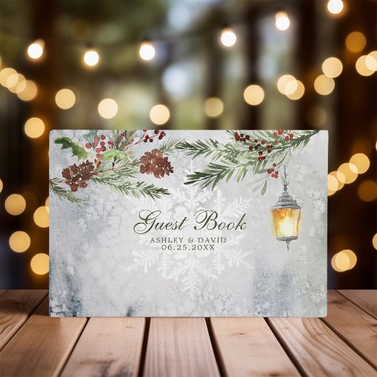 Winter Rustic Pine Trees Lantern Botanical Wedding Gastenboek
