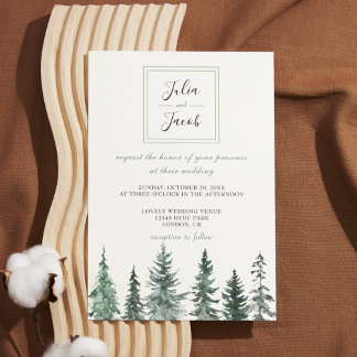 Winter Rustic Pine Trees Lantern Botanical Wedding Kaart