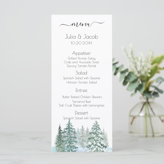 Winter Rustic Pine Trees Lantern Botanical Wedding Menu (Staand voorkant)