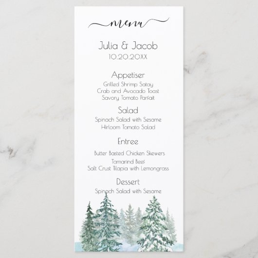 Winter Rustic Pine Trees Lantern Botanical Wedding Menu (Voorkant)