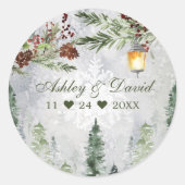 Winter Rustic Pine Trees Lantern Botanical Wedding Ronde Sticker (Voorkant)