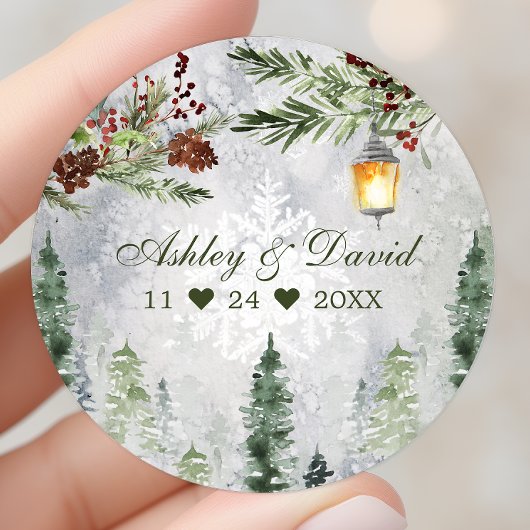 Winter Rustic Pine Trees Lantern Botanical Wedding Ronde Sticker