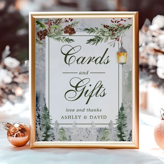 Winter Rustic Pine Trees Lantern Kaarten Gifts Poster