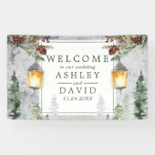 Winter Rustic Pine Trees Lantern Wedding Welkom Spandoek (Horizontaal)