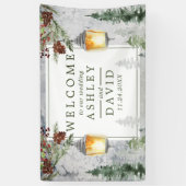 Winter Rustic Pine Trees Lantern Wedding Welkom Spandoek (Verticaal)