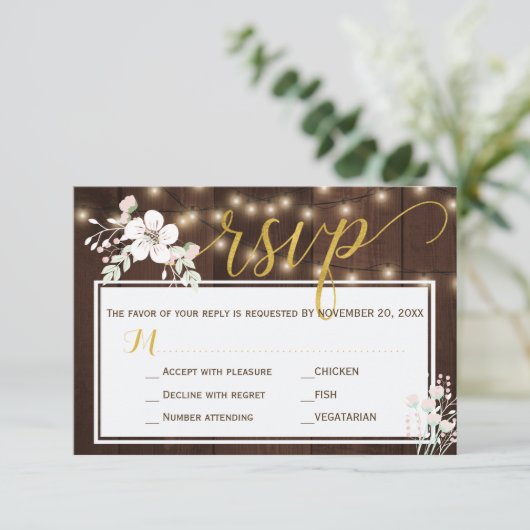 Winter rustieke bloemschuur hout maaltijden opties RSVP kaartje (Staand voorkant)