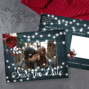 Winter rustieke lichte string foto save date bruil aankondigingskaart