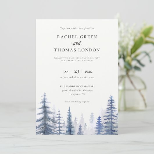 Winter Rustieke Waterverf Pijnbomen bruiloft Kaart (Staand voorkant)