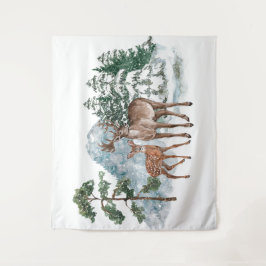 Winter scene achtergrond Herten en pijnboom sneeuw Wandkleed