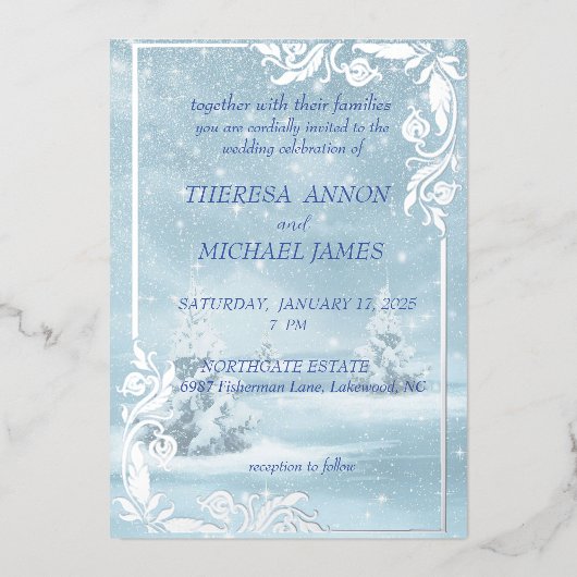 Winter Scene Alles In Blauw Met Sneeuw En Pijnbome Folie Uitnodiging (Voorkant)