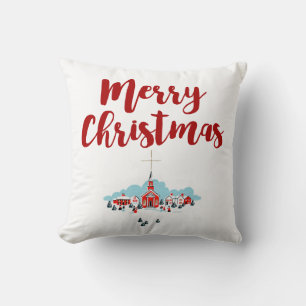 Winter Scene met een Rode Kerk en kerstster Kussen