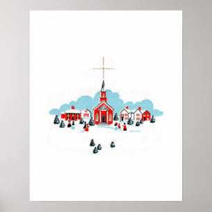 Winter Scene met een Rode Kerk en kerstster Poster