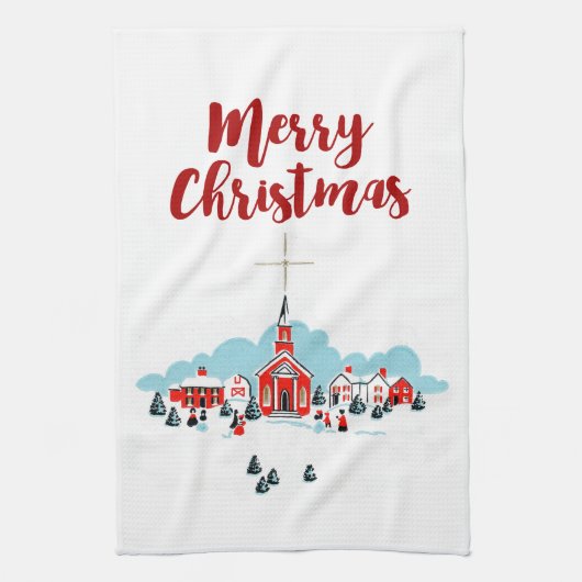 Winter Scene met een Rode Kerk en kerstster Theedoek (Verticaal)